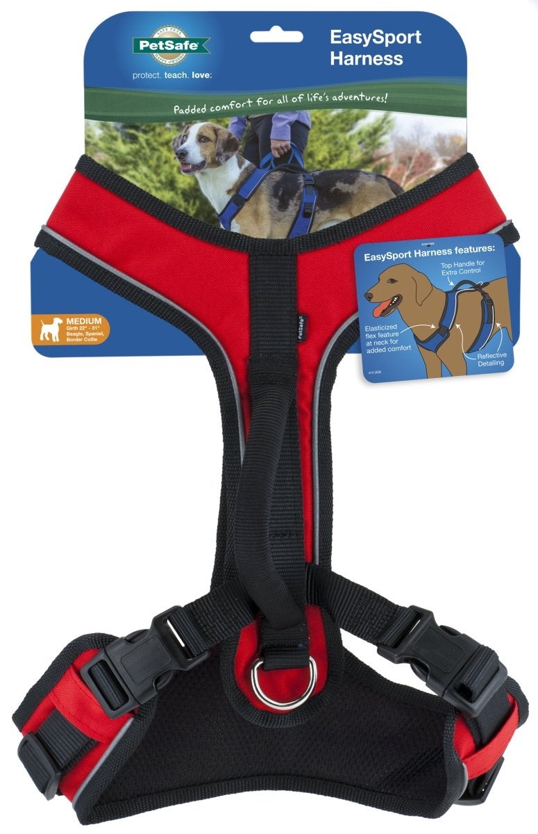 PetSafe EasySport Harness Durable Padded Fabric Adjustable Elastic Neckline RearLeash Attachment Nighttime Reflective Visibility No Choke or Gag Secure Fit Medium Red