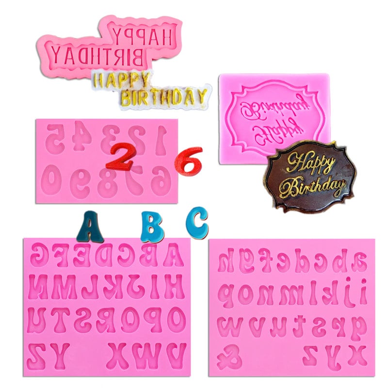 Muyulin Letter Chocolate Molds 5 Pack Fondant Letter Silicone Happy Birthday Mold for Cake Decoration Chocolate Covered Strawberries Cupcake Anniversary Party Baby Shower