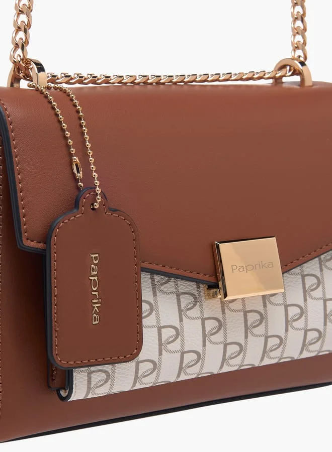 Paprika Women Monogram Print Crossbody Bag with Chain Strap and Flap Closure