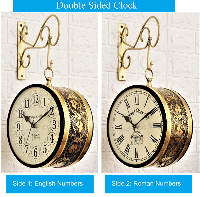Vintage Clock Metal Handcrafted Brass Finish One Side English Other Side Roman Number Railway Station Double Side Analog Clock, 6 Inches - Image 2
