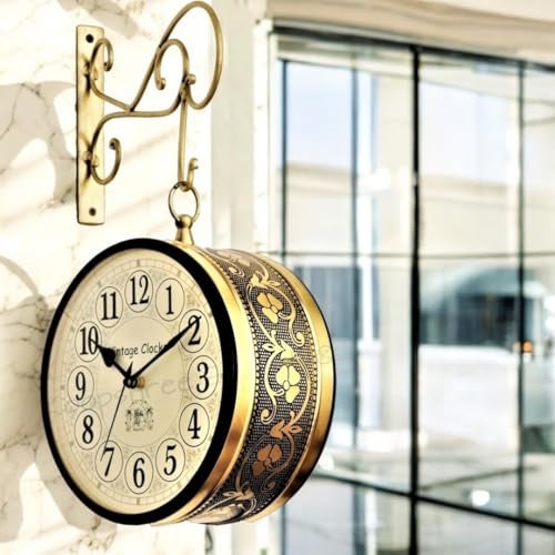 Vintage Clock Metal Handcrafted Brass Finish One Side English Other Side Roman Number Railway Station Double Side Analog Clock, 6 Inches - Image 1
