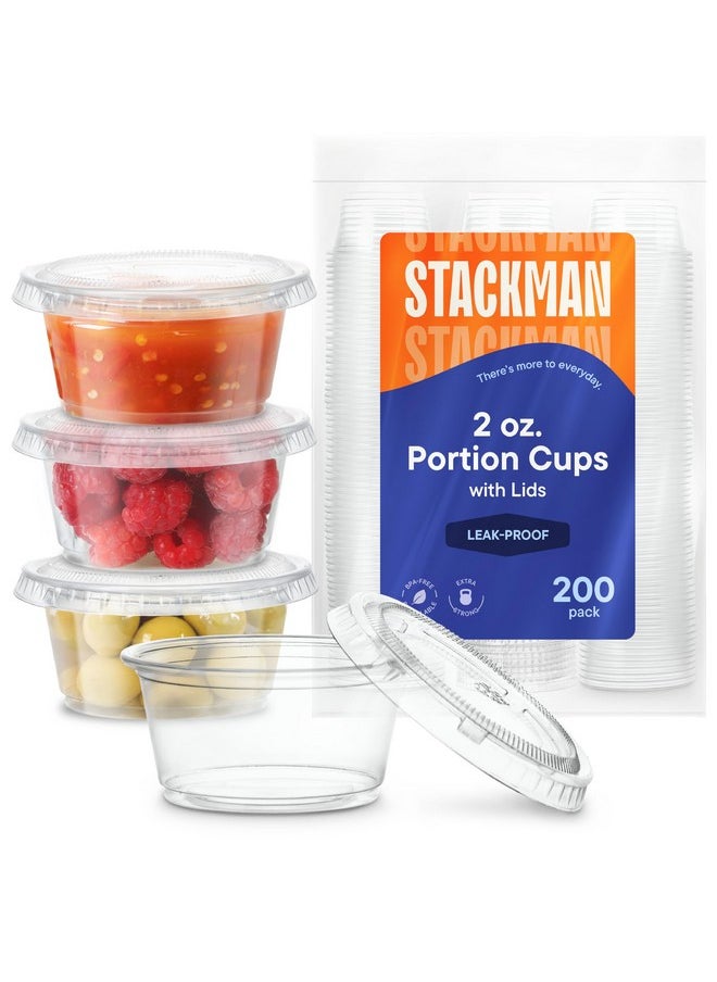 Stack Man - [200 Sets - 2 oz.] Small Plastic Containers with Lids, Jello Shot/ Condiment Cups, 2oz Dipping Sauce & Salad Dressing Container, Disposable Mini Portion Souffl, Ramekins, Pudding Cup - Image 1