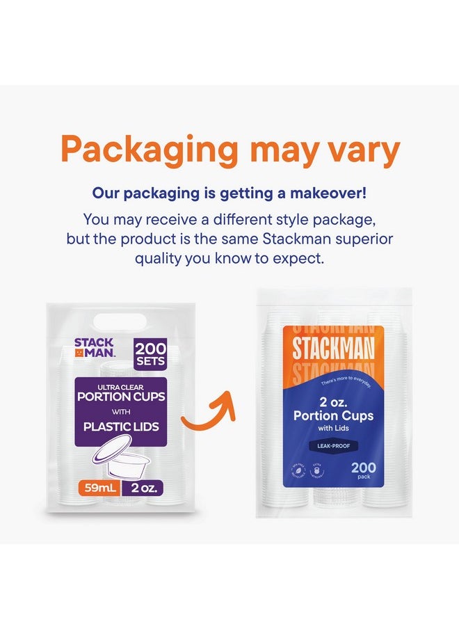 Stack Man - [200 Sets - 2 oz.] Small Plastic Containers with Lids, Jello Shot/ Condiment Cups, 2oz Dipping Sauce & Salad Dressing Container, Disposable Mini Portion Souffl, Ramekins, Pudding Cup - Image 1