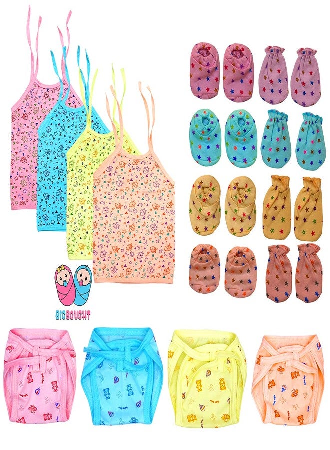 BIGBOUGHT New Born Baby Care Cloth Set Combo (Set of 12, Jhabla, Nappy, Mittens, Hosiery Material, Random Print (Multicolor) (Assorted) - Image 1