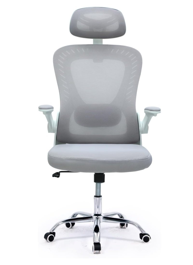 KARNAK Ergonomic Office Desk Computer Chair High Back Breathable Mesh With HEADREST Wheels And Adjustable Armrests 6039-GREY-WHITE  - Image 3