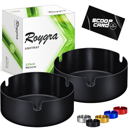 roygra Outdoor Ashtray for Outside Patio (2 Pack), Stainless Steel Ashtrays for Smokers Indoor, Home Table Decor, Patio Decorations Outdoor, Home Decorative Ashtrays for Cigarettes - Black, Medium - Image 1