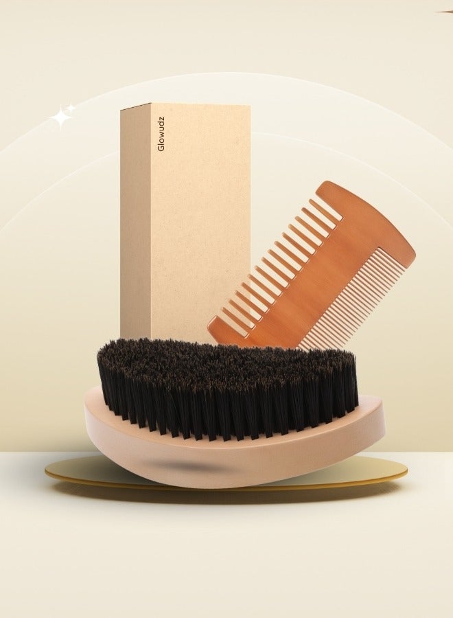 Glowudz Glowudz 2 pcs set of wooden natural boar bristle beard brush for men beard care beige  - Image 1