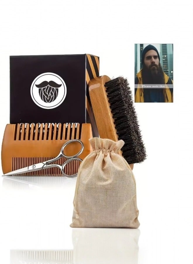 Glowudz set of wooden natural boar bristle beard brush and comb with scissor for men beard care beige color - Image 1