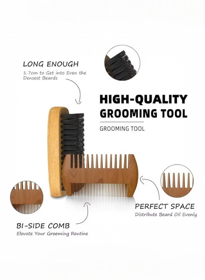 Glowudz set of wooden natural boar bristle beard brush and comb with scissor for men beard care beige color - Image 2