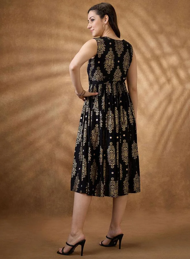 globus  Foil Print Ethnic Motif Round Neck Midi A-Line Dress for Women | Best Price UAE