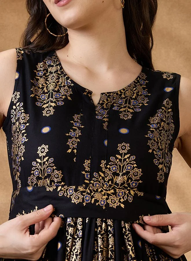 globus  Foil Print Ethnic Motif Round Neck Midi A-Line Dress for Women | Best Price UAE