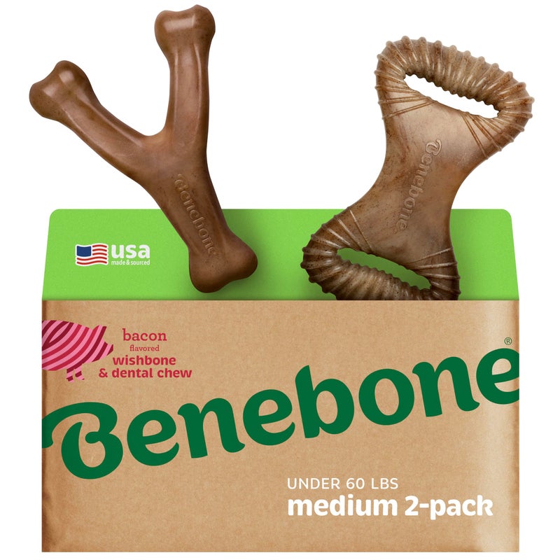 Benebone 2-pack Wishbone/Dental Durable Dog Chew Toys, Dog Toys for Aggressive Chewers, Real Bacon, Made in USA, Medium - Image 1