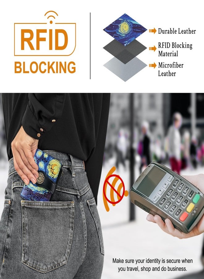Tipmile محفظة صغيرة نسائية من تيبميل، ثنائية الطي، مزودة بحماية من تقنية RFID، وحامل بطاقات، وجيب بسحاب للعملات المعدنية، لون أزرق بنقشة النجوم، تصميم كاجوال - Image 3