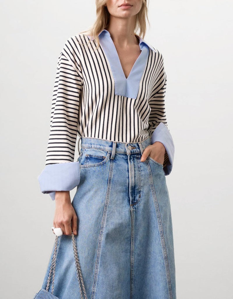 Kedera Womens Striped Business Casual Tops Long Sleeve V-Neck Sweatshirts Collared Oversized Trendy Polo Rugby Shirts Blue and White - Image 4