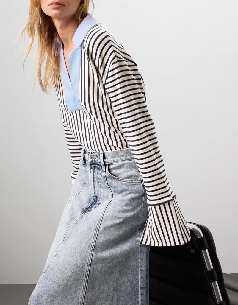 Kedera Womens Striped Business Casual Tops Long Sleeve V-Neck Sweatshirts Collared Oversized Trendy Polo Rugby Shirts Blue and White - Image 2