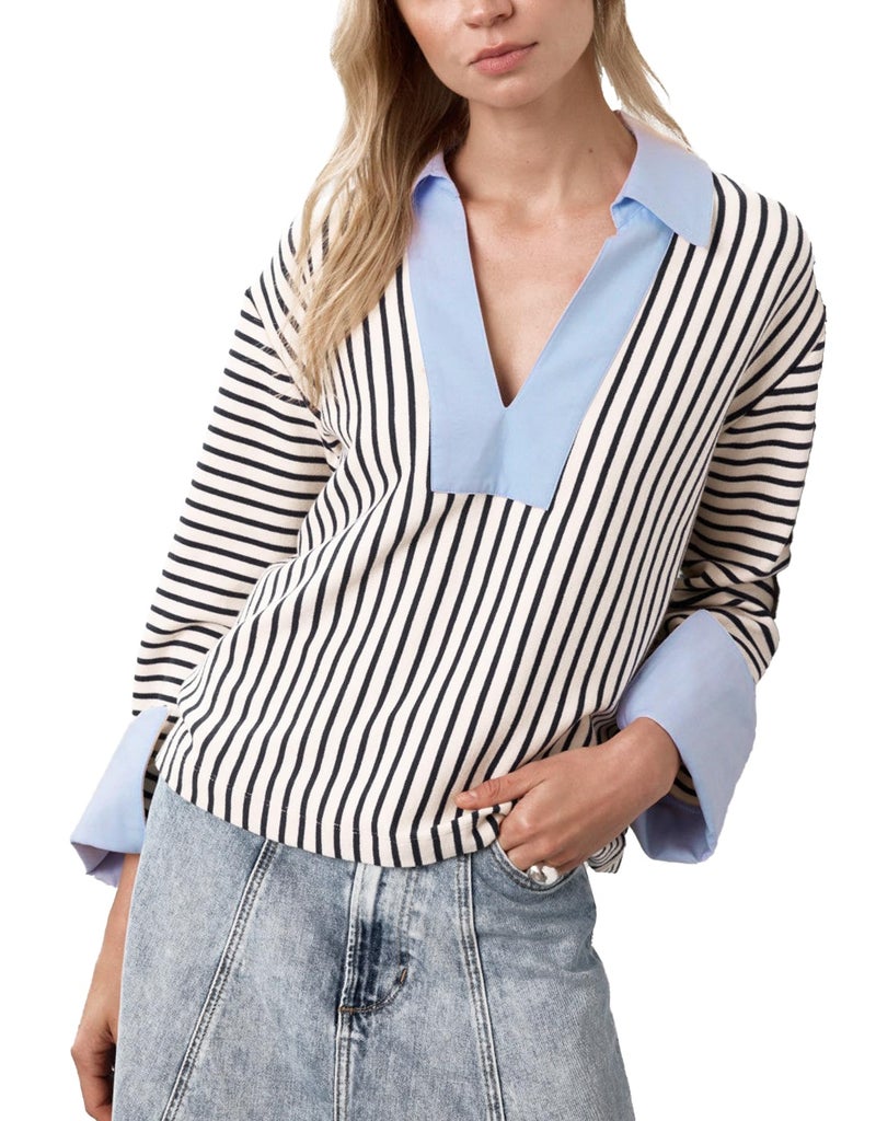 Kedera Womens Striped Business Casual Tops Long Sleeve V-Neck Sweatshirts Collared Oversized Trendy Polo Rugby Shirts Blue and White - Image 1