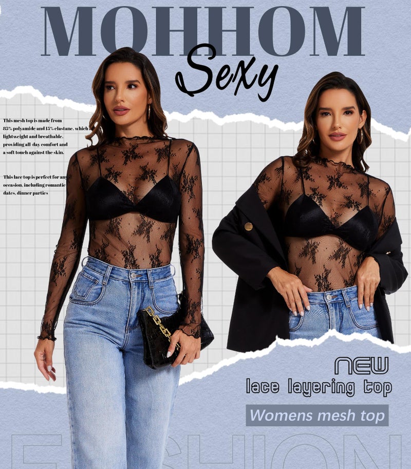 MOHHOM Womens Lace Long Sleeve Mesh Top Mock Neck Sheer Blouse See Through Floral Layering Shirt(Black, Medium) - Image 5