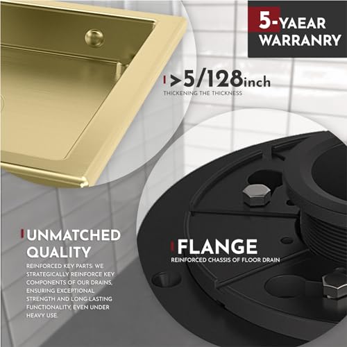 WEBANG 6 Inch Square Shower Floor Drain with Flange,Quadrato Pattern Grate Removable,Food-Grade SUS 304 Stainless Steel,Watermark&CUPC Certified, Brushed Gold - Image 3