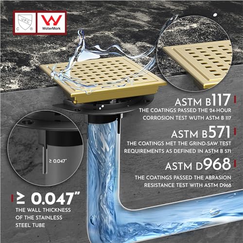 WEBANG 6 Inch Square Shower Floor Drain with Flange,Quadrato Pattern Grate Removable,Food-Grade SUS 304 Stainless Steel,Watermark&CUPC Certified, Brushed Gold - Image 5
