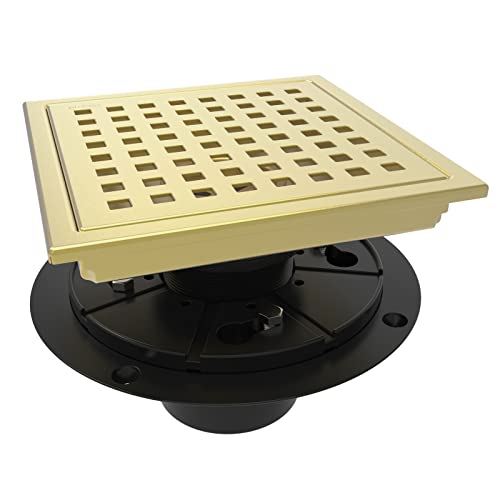 WEBANG 6 Inch Square Shower Floor Drain with Flange,Quadrato Pattern Grate Removable,Food-Grade SUS 304 Stainless Steel,Watermark&CUPC Certified, Brushed Gold - Image 1