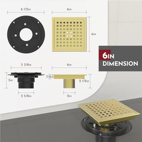 WEBANG 6 Inch Square Shower Floor Drain with Flange,Quadrato Pattern Grate Removable,Food-Grade SUS 304 Stainless Steel,Watermark&CUPC Certified, Brushed Gold - Image 2