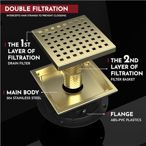 WEBANG 6 Inch Square Shower Floor Drain with Flange,Quadrato Pattern Grate Removable,Food-Grade SUS 304 Stainless Steel,Watermark&CUPC Certified, Brushed Gold - Image 4