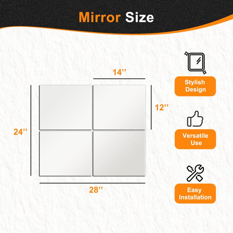 Delma Glass Full Length Wall Mirror Tiles, 14'' x 12'' 4PCS, Frameless Body Tiles for Bedroom, Mounted Home Gym, Door - Image 4