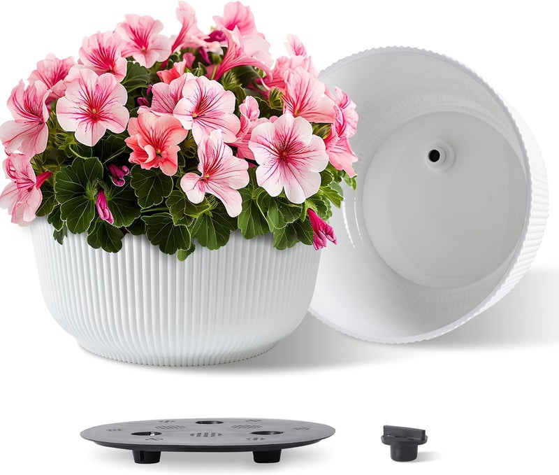 T4U 12 Inch Large Self Watering Plant Pots, Wide Self Watering Planter with Drainage Hole, Large Plant Pots Flower Pot for Plants, Set of 2, White - Image 1