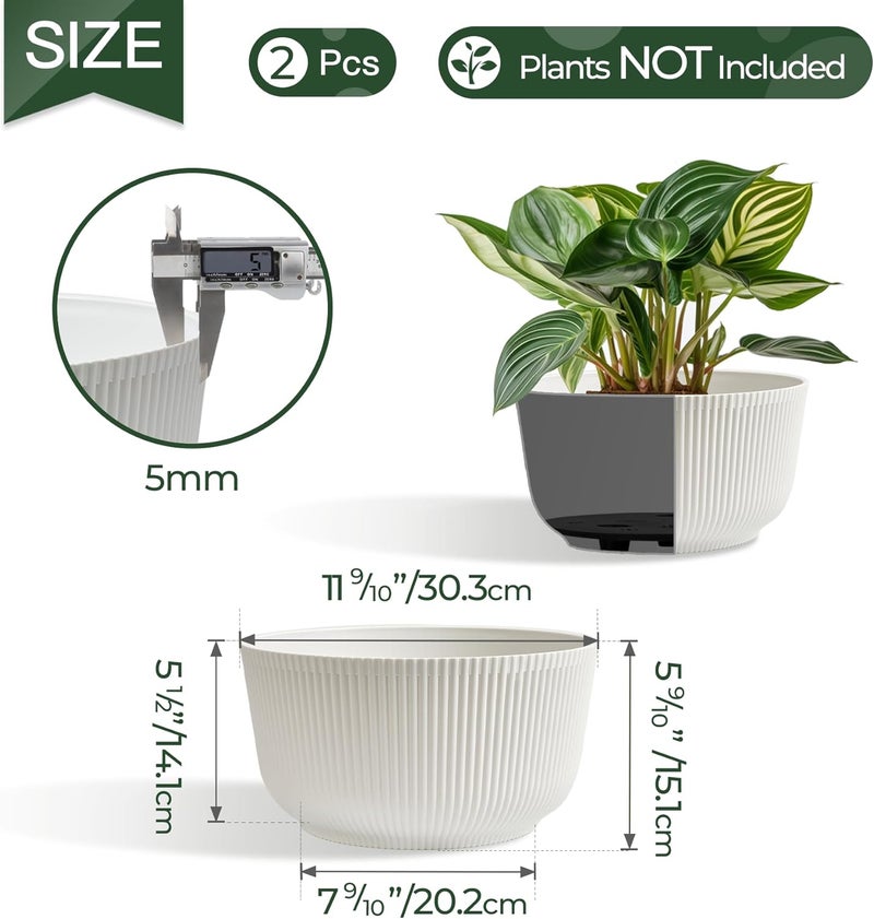 T4U 12 Inch Large Self Watering Plant Pots, Wide Self Watering Planter with Drainage Hole, Large Plant Pots Flower Pot for Plants, Set of 2, White - Image 2