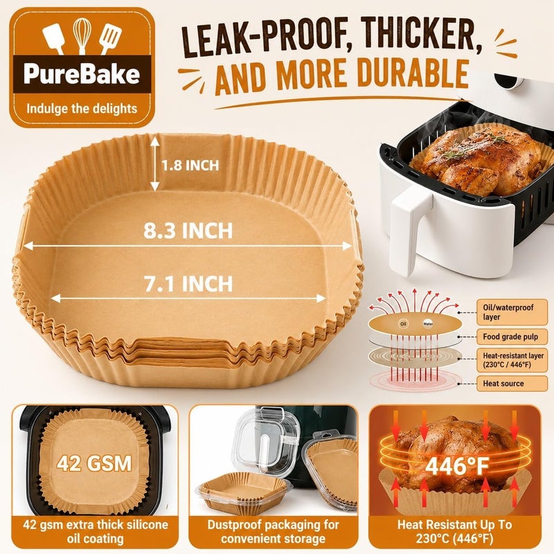 PureBake Air Fryer Disposable Paper Liners Standard Paper Liners: 100Pcs Oil Proof Parchment Sheets Round, Airfryer Paper Basket Bowl Liner for Baking Cooking Food (8IN) SquareBrown - Image 2