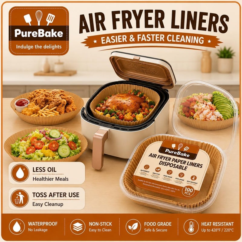 PureBake Air Fryer Disposable Paper Liners Standard Paper Liners: 100Pcs Oil Proof Parchment Sheets Round, Airfryer Paper Basket Bowl Liner for Baking Cooking Food (8IN) SquareBrown - Image 3