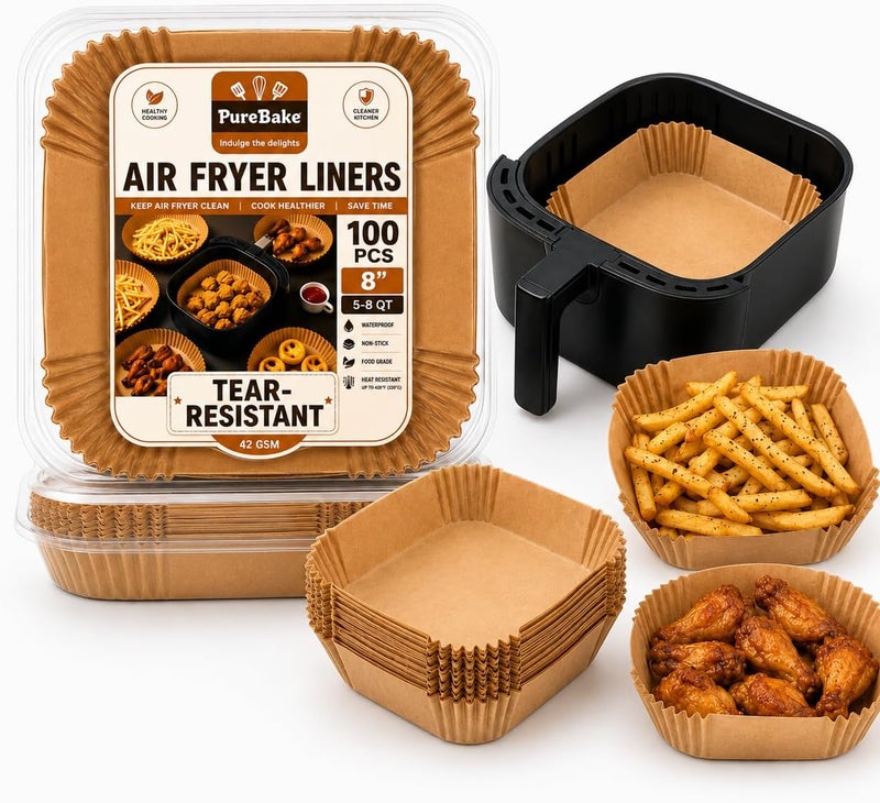 PureBake Air Fryer Disposable Paper Liners Standard Paper Liners: 100Pcs Oil Proof Parchment Sheets Round, Airfryer Paper Basket Bowl Liner for Baking Cooking Food (8IN) SquareBrown - Image 1