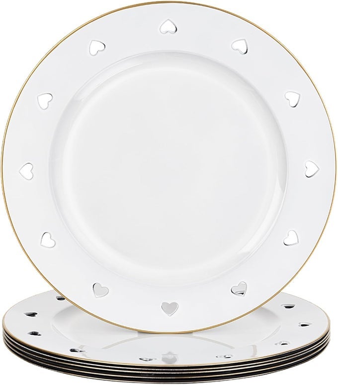 13 ROUND WHITE CHARGER PLATES HEART HOLLOW CHARGERS FOR DINNER PLATES WITH GOLDEN BORDER FORMAL TABLE SETTING ACCESSORY CENTERPIECE BLUK WEDDING VALENTINES DAY GALENTINES DAY SET OF 6