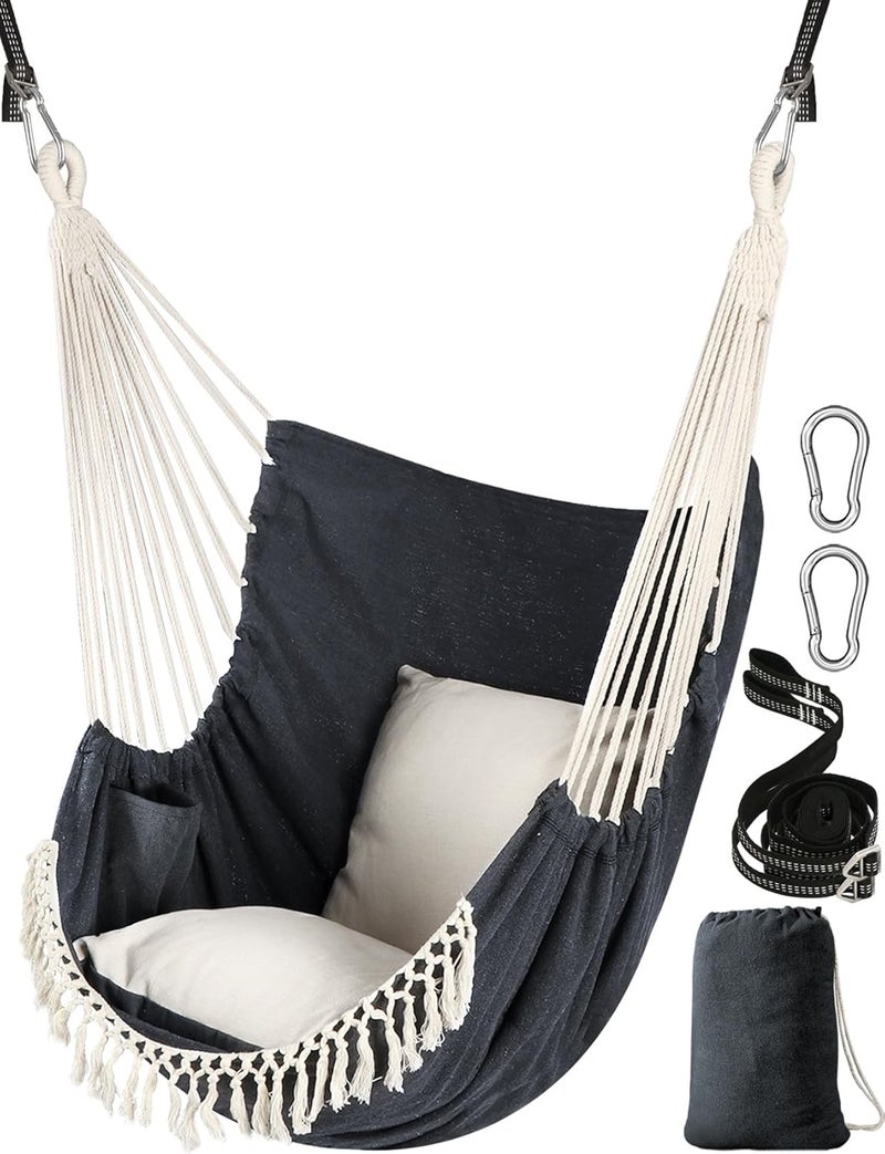 Chihee Hammock Chair Hanging Swing 2 Pillows Included,Strong Webbing Straps and Hooks for Easy Hanging Soft Cotton Hanging Chair Side Pocket Tassel Chair Comfort Indoor Outdoor Dark Grey - Image 1
