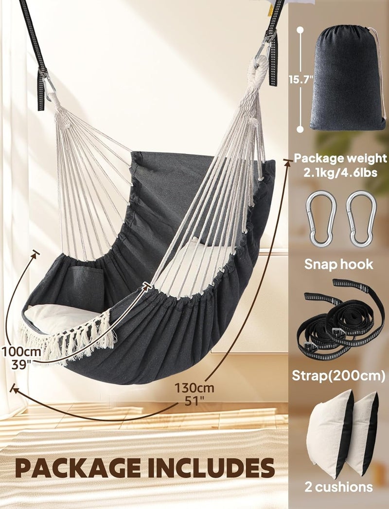 Chihee Hammock Chair Hanging Swing 2 Pillows Included,Strong Webbing Straps and Hooks for Easy Hanging Soft Cotton Hanging Chair Side Pocket Tassel Chair Comfort Indoor Outdoor Dark Grey - Image 4