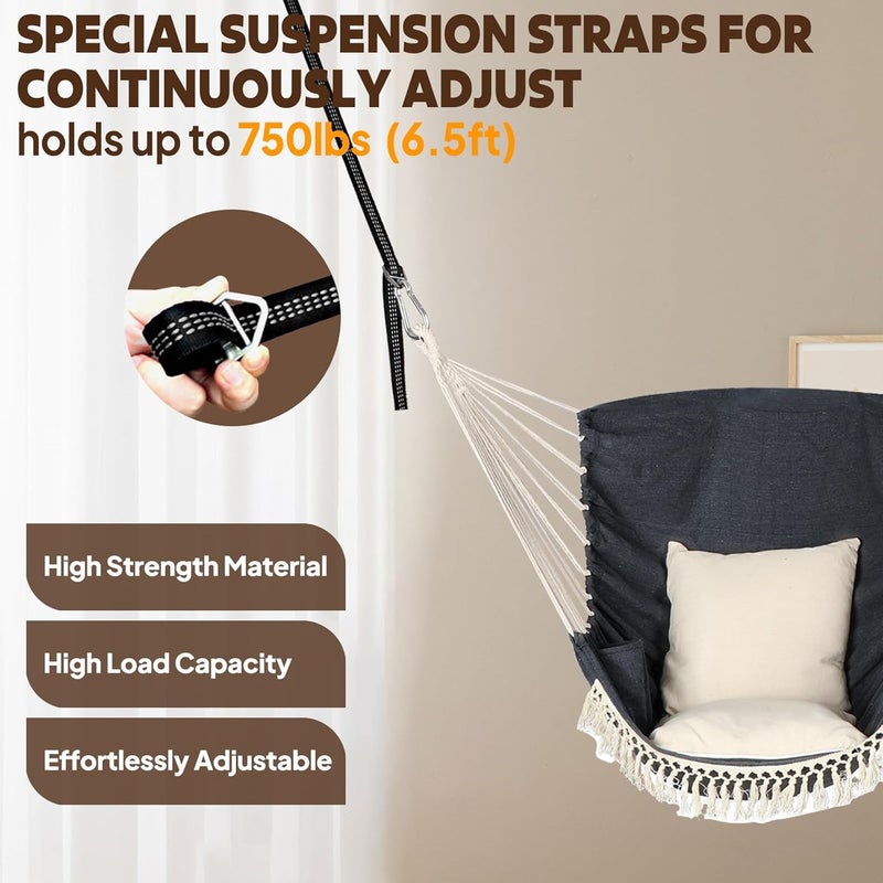 Chihee Hammock Chair Hanging Swing 2 Pillows Included,Strong Webbing Straps and Hooks for Easy Hanging Soft Cotton Hanging Chair Side Pocket Tassel Chair Comfort Indoor Outdoor Dark Grey - Image 5