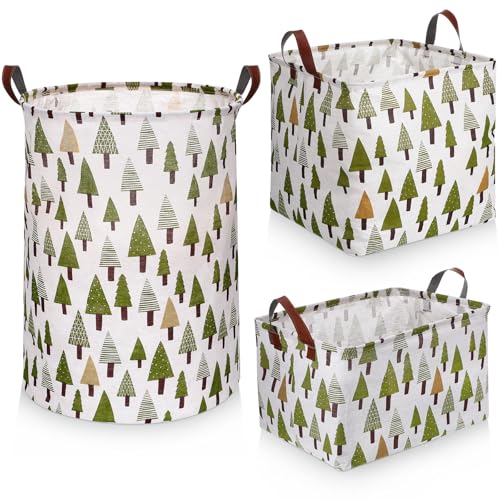 Zopeal 3 Size Large Round Rectangle Square Foldable Storage Box Set Laundry Basket Organizer Toys Gift Basket Clothes Storage Box for Home Office Toy Storage Home Decor Green Forest - Image 1