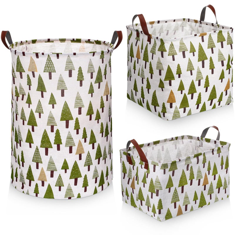Zopeal 3 Size Large Round Rectangle Square Foldable Storage Box Set Laundry Basket Organizer Toys Gift Basket Clothes Storage Box for Home Office Toy Storage Home Decor Green Forest - Image 2