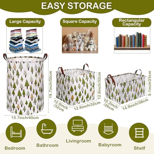 Zopeal 3 Size Large Round Rectangle Square Foldable Storage Box Set Laundry Basket Organizer Toys Gift Basket Clothes Storage Box for Home Office Toy Storage Home Decor Green Forest - Image 3
