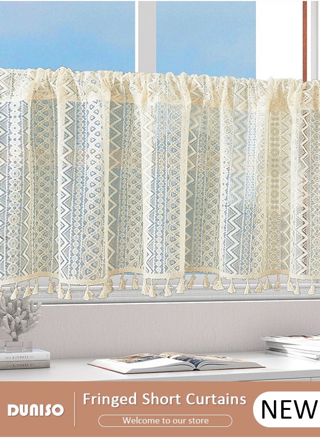 DUNISO Fringed Short Curtains, Country House Bistro Curtain,Breathable Light Filtering Kitchen Curtains,Rod Pocket Curtains for Café, Kitchen, Living Room and Decoration  - Image 1