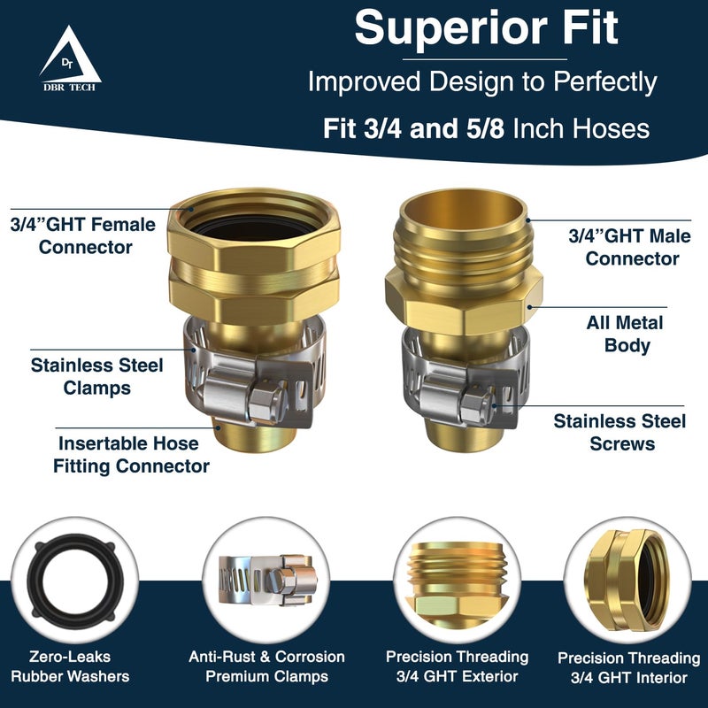DBR TechÂ® Garden Hose Repair Kit 5/8â€ & 3/4" | Heavy Duty Leak-Proof Metal Hose Mender & Connector Set | Male & Female Fittings to Fix Water Hose Ends and Replacement, 2 Set - Image 3