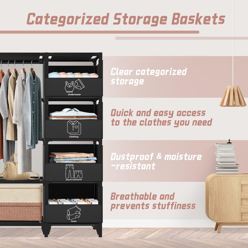 Jofuler Portable Closet, Easy Assembly, Large Capacity Wardrobe Closet, Sturdy and Stable Clothes Rack with Shelves 4 Storage Baskets and 2 Hanging Rods, for Bedroom and Cloakroom Black - Image 3