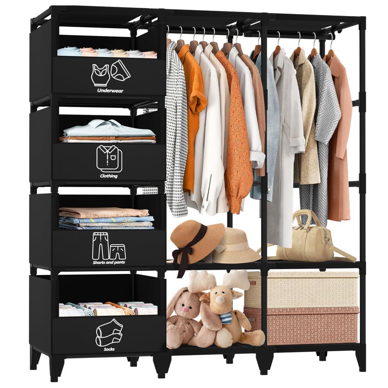 Jofuler Portable Closet, Easy Assembly, Large Capacity Wardrobe Closet, Sturdy and Stable Clothes Rack with Shelves 4 Storage Baskets and 2 Hanging Rods, for Bedroom and Cloakroom Black - Image 1
