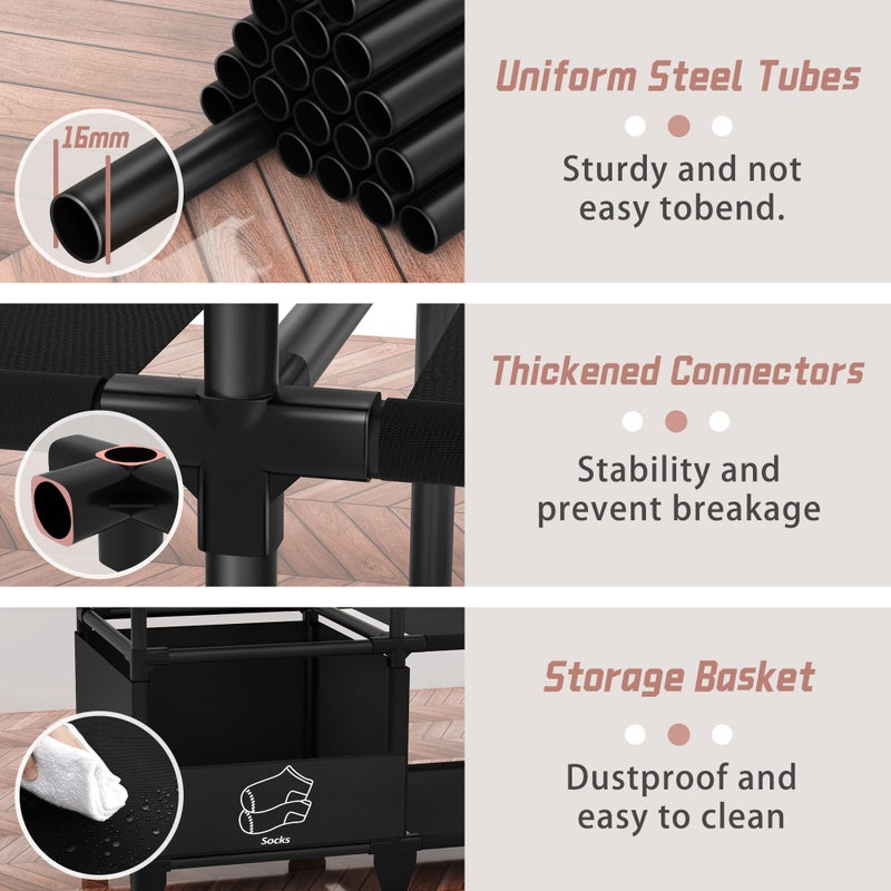 Jofuler Portable Closet, Easy Assembly, Large Capacity Wardrobe Closet, Sturdy and Stable Clothes Rack with Shelves 4 Storage Baskets and 2 Hanging Rods, for Bedroom and Cloakroom Black - Image 5