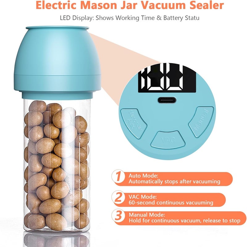 VUEBEE Electric Mason Jar Vacuum Sealer for Regular Mouth and Wide Mouth Canning Jars, Automatic Sealing Machine Kit for Food Storage and Fermentation - Blue - Image 3