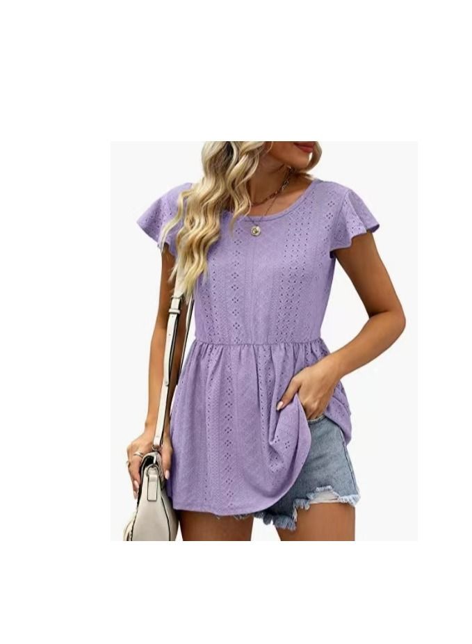 Loquat Women's Summer New Hollowed Out Waist Lotus Sleeve Casual Shirt 