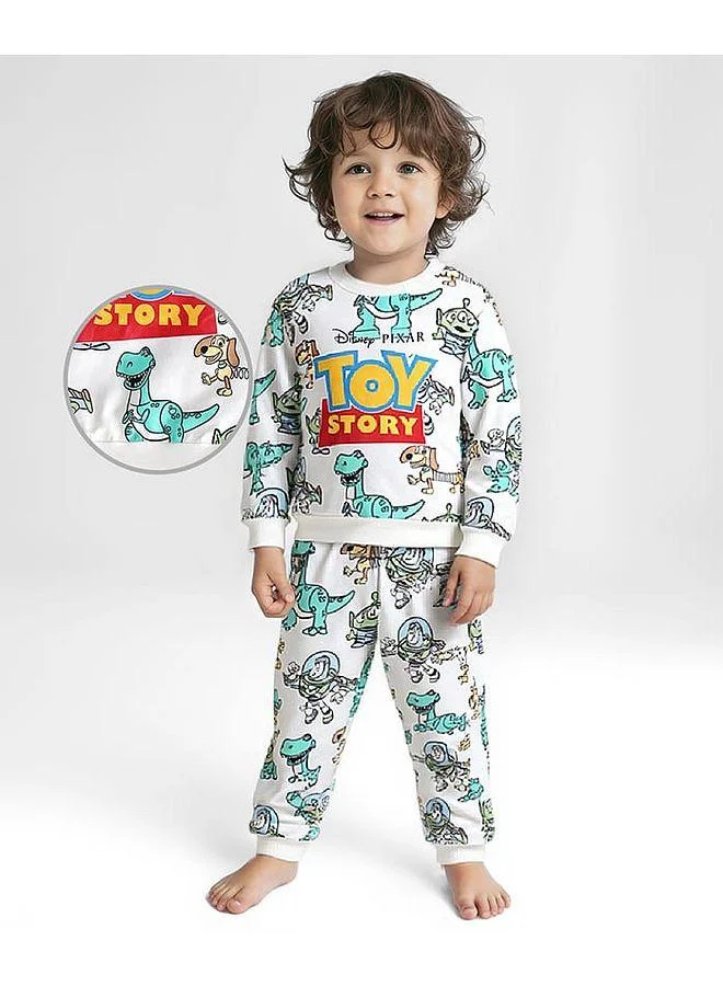 Babyhug Disney Babyhug Disney Terry Knit Drop Shoulder Sweatshirt & Lounge Pant Co-ords Set With Toy Story Graphics - White & Blue