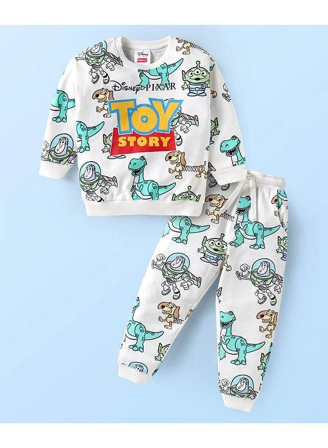 Babyhug Disney Babyhug Disney Terry Knit Drop Shoulder Sweatshirt & Lounge Pant Co-ords Set With Toy Story Graphics - White & Blue