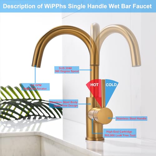 WiPPhs Bar Faucets Single Hole, WiPPhs Brushed Nickel Mini Kitchen Sink Faucets, Single Handle Stainless Steel Modern Sink Faucets 1 Hole, Faucet for Bar Sink - Image 2