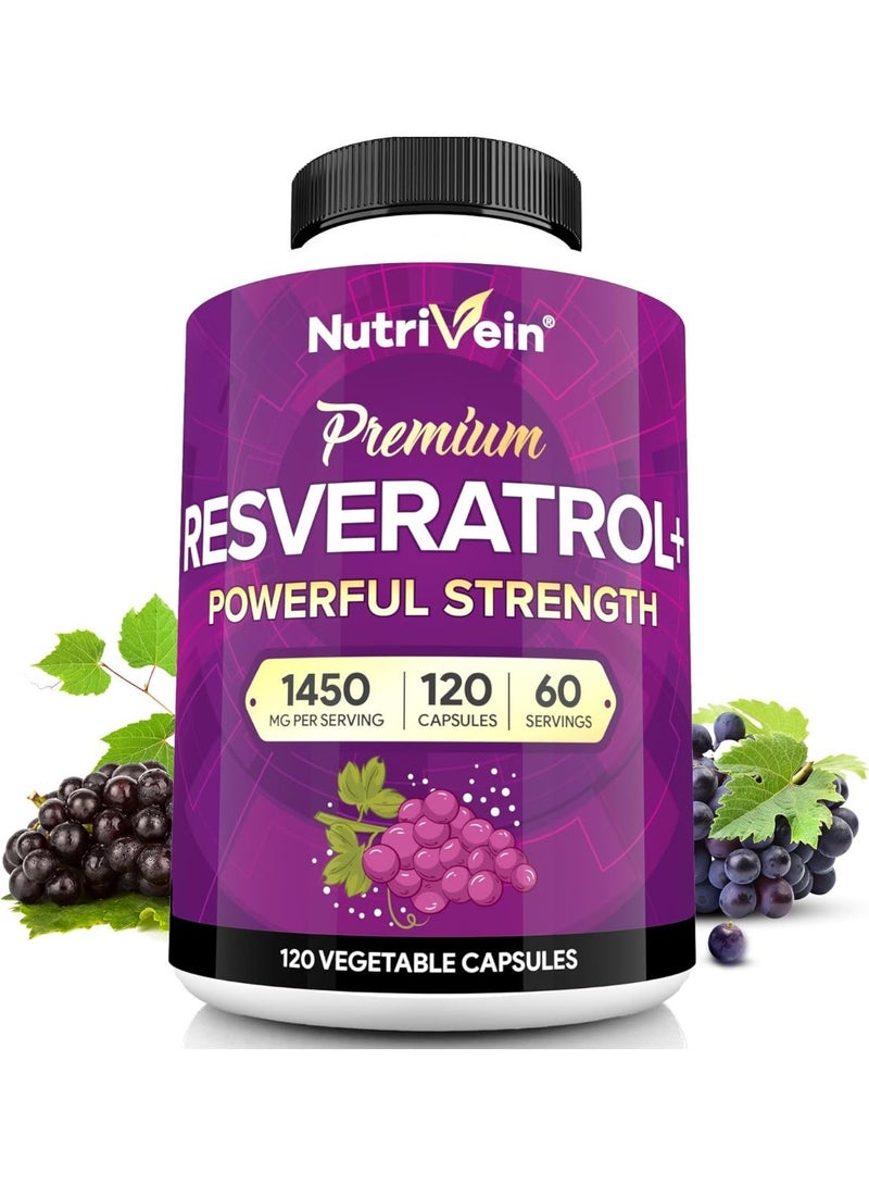 Nutrivein Resveratrol 1450mg - Antioxidant Supplement 120 Capsules – Supports Healthy Aging and Promotes Immune, Brain Boost and Joint Support - Made with Trans-Resveratrol, Green Tea Leaf, Acai Berry - Image 1